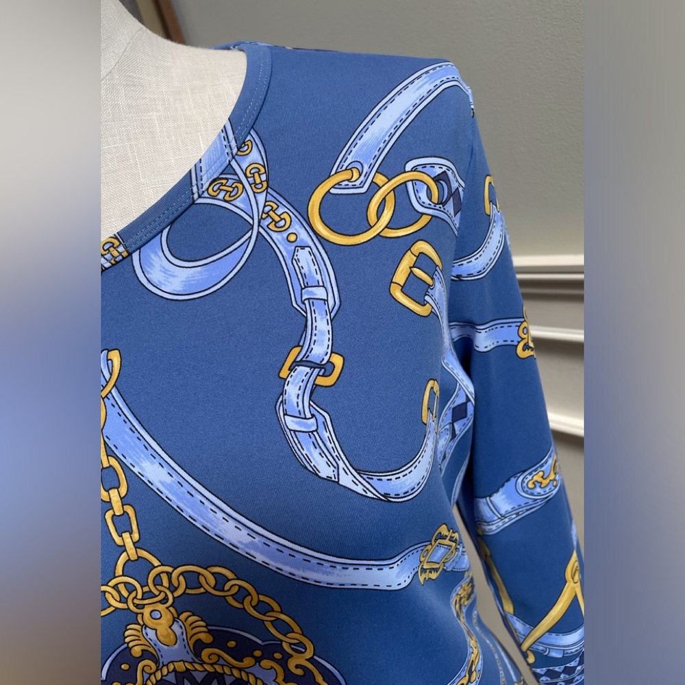 J. McLaughlin blue and gold 3/4 sleeve Catalina cloth top - Picture 2 of 4